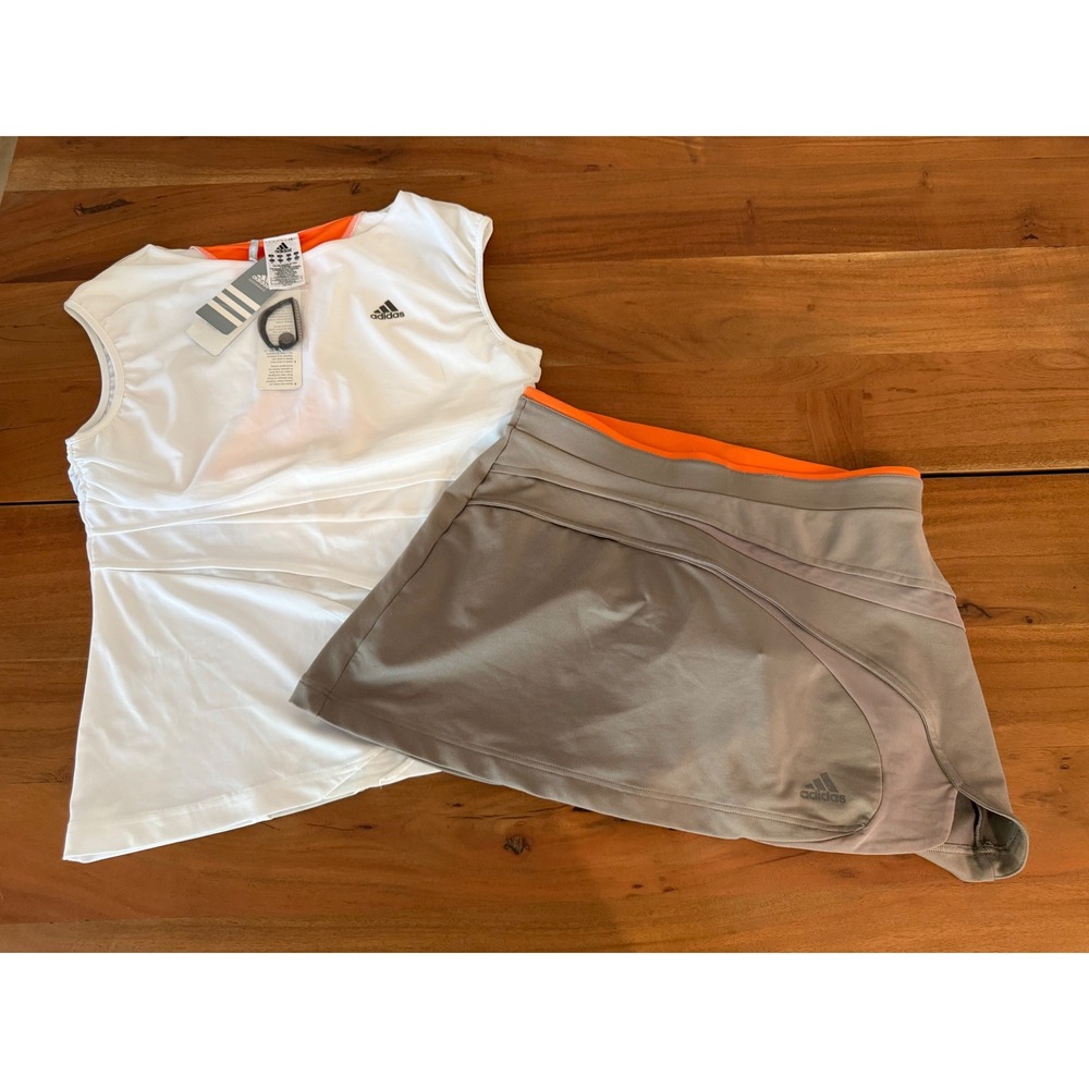 Adidas ClimaCool Tennis Set White Gray Orange Sleeveless Top Skirt Women's Med